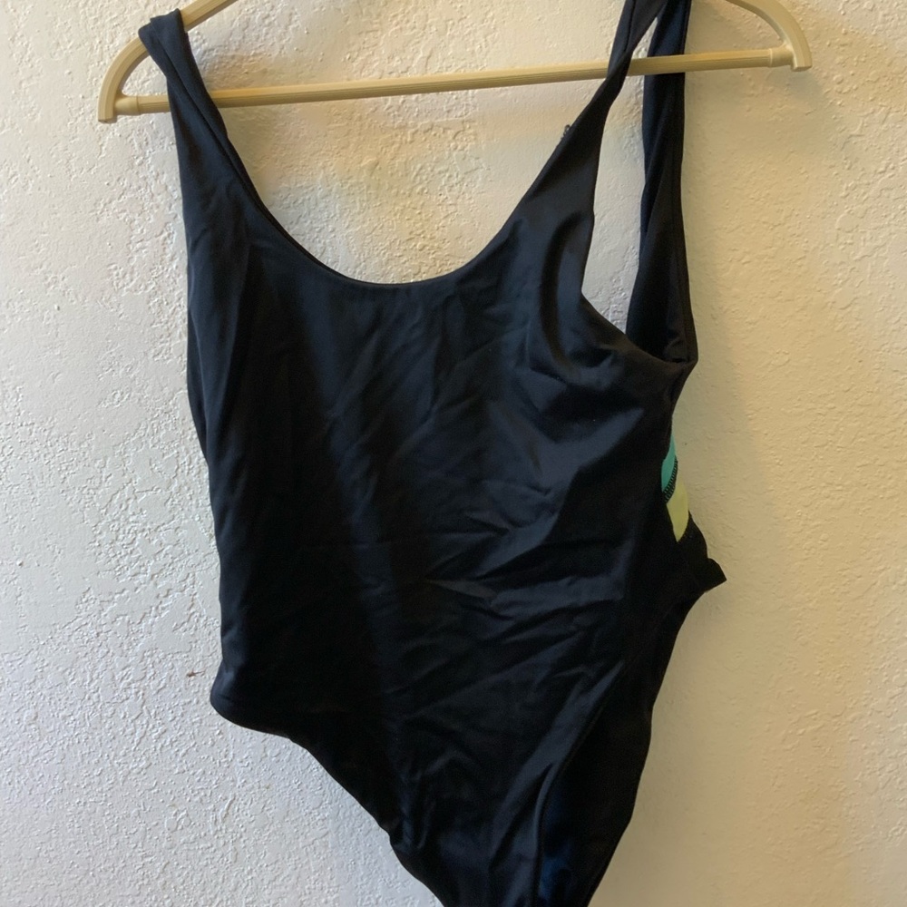 Black One-Piece Swimsuit with Green Stripes